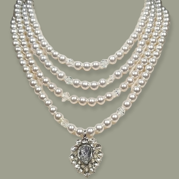 Vintage Jewelry - Repurposed Hand Crafted Vintage Brooch Faux Pearl Rhinestone Assemblage Necklace